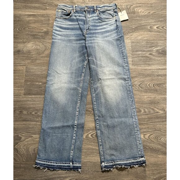 NWT AE77 Stovepipe Jeans Size 14 Light Blue Denim Raw Hem Eco-Friendly Materials - Picture 1 of 9
